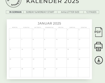 2025 Kalender 2025 Monatskalender German Calendar 2025 PRINTABLE Monthly Calendar in German 2025 Monthly Planner Minimal Germany A4 Letter