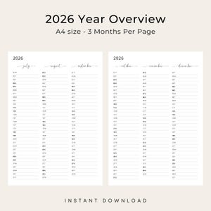 2026 Yearly Planner 2026 Year at a Glance Calendar 3 Months Per Page 2026 Yearly Overview Calendar Portrait Elegant PRINTABLE PDF Download