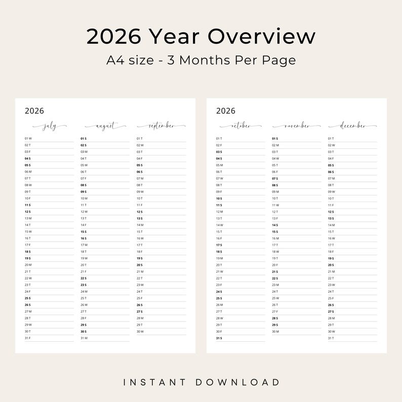 2026 Yearly Planner 2026 Year at a Glance Calendar 3 Months Per Page 2026 Yearly Overview Calendar Portrait Elegant PRINTABLE PDF Download