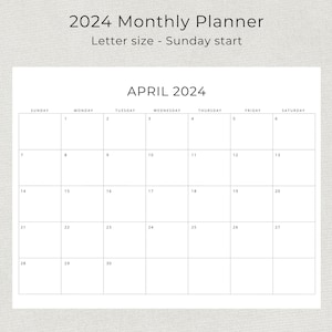 2024 Monthly Planner Landscape Sunday & Monday Start, 2024 Minimal Black and White Monthly Calendar, A4 and Letter Size, Print At Home PDF