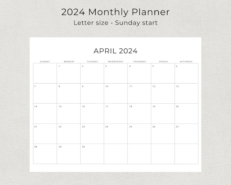 2024 Monthly Planner Landscape Sunday & Monday Start, 2024 Minimal Black and White Monthly Calendar, A4 and Letter Size, Print At Home PDF