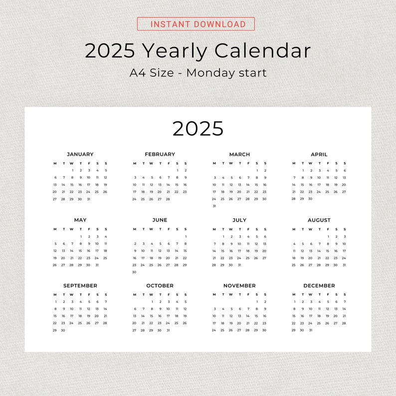 2025 Yearly Calendar 2025 Wall Calendar Printable Calendar Landscape 2025 Year Minimalist
