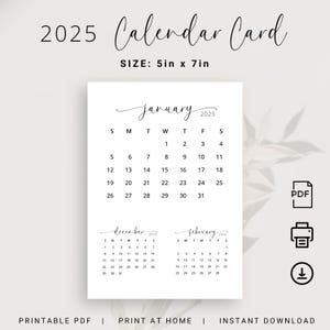 2025 Tischkalender 5x7 in 2025 Kalenderkarte mit vorherigem und nächstem Monat Kleiner Kalender DRUCKBARE Eleganter Tischkalender PDF 5x7 Zoll Vertikal
