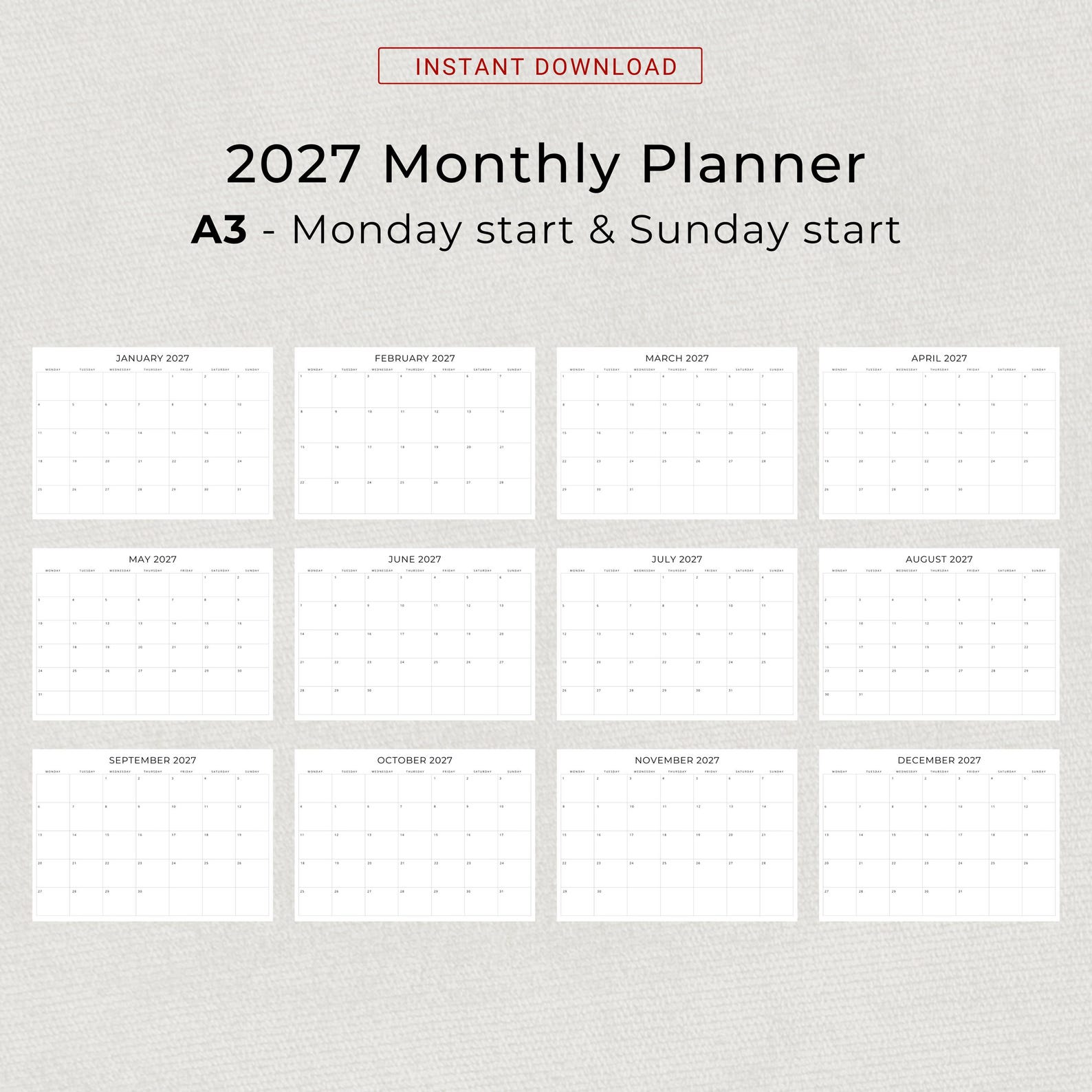 A3 2027 Calendar 2027 Planner A3 Landscape Minimalist Wall Calendar