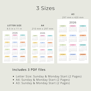 2026 Yearly Calendar 2026 Calendar Printable 2026 Wall Calendar Portrait A3 A4 US Letter Color Desk Planner 2026 PDF Sunday & Monday Start