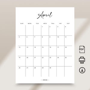 May include: A minimalist April 2026 calendar in black and white. The word "April" is written in cursive at the top. Days of the week are listed across the top, with dates arranged in a grid. Includes PDF, print, and download icons.