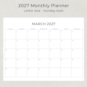 2027 Monthly Calendar 2027 Minimal Monthly Planner Landscape Sunday & Monday Start A4 and Letter Size 2027 Calendar Print At Home PDF