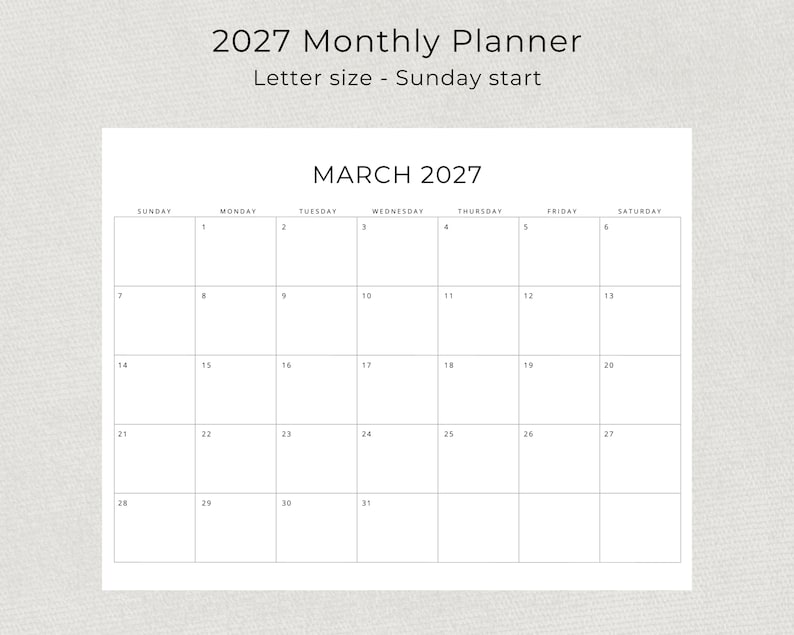 2027 Monthly Calendar 2027 Minimal Monthly Planner Landscape Sunday & Monday Start A4 and Letter Size 2027 Calendar Print At Home PDF
