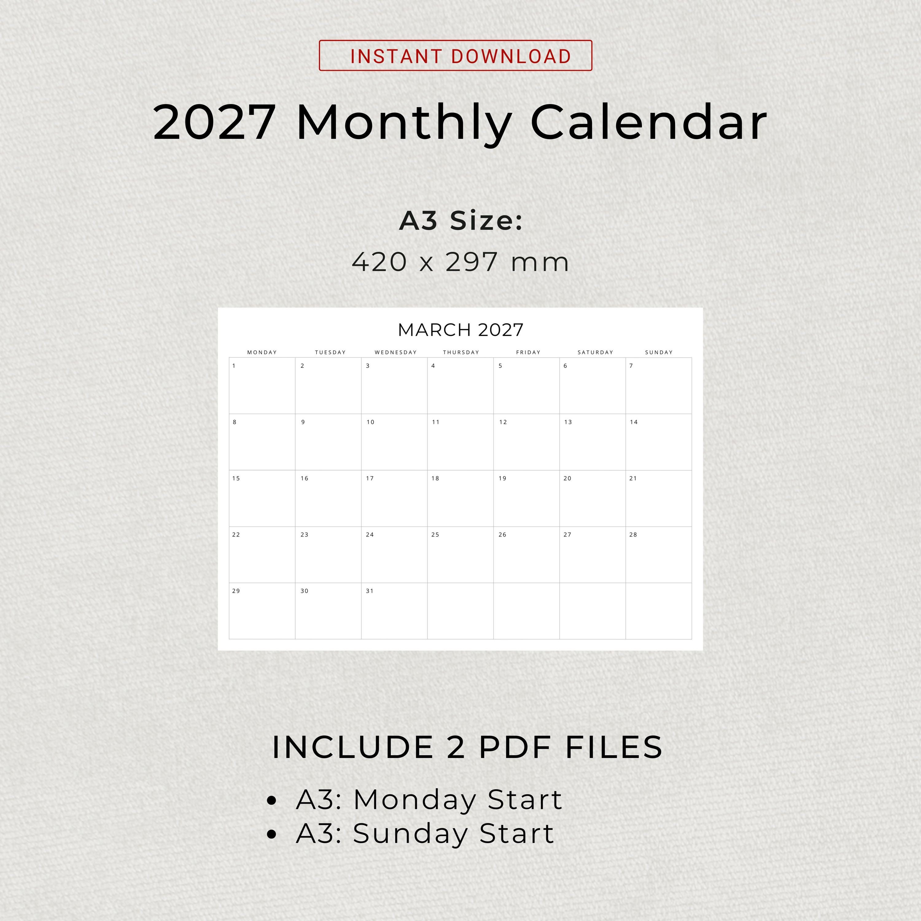 A3 2027 Calendar 2027 Planner A3 Landscape Minimalist Wall Calendar