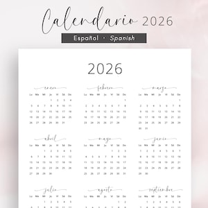 以下が含まれることがあります： スペイン語で書かれた2026年の白黒カレンダー。カレンダーは12か月で構成され、各月は別々のボックスに表示されます。月はスペイン語でラベル付けされ、曜日はスペイン語で略されています。カレンダーは印刷して、プランナーやオーガナイザーとして使用できるように設計されています。