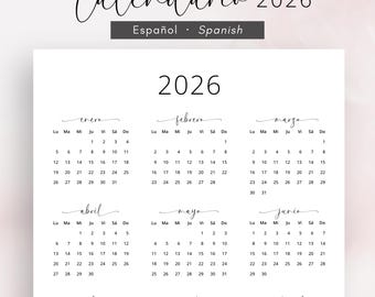 Calendario en Español 2026 Calendario 2026 Calendario Imprimible 2026 Calendar in Spanish PRINTABLE Sunday & Monday Start A3 A4 Letter Size