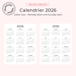 Calendrier 2026 Français 2026 Calendrier Annuel 2026 Imprimable Calendar in French 2026 PDF Yearly Calendar French PDF Vertical A3 A4 Letter