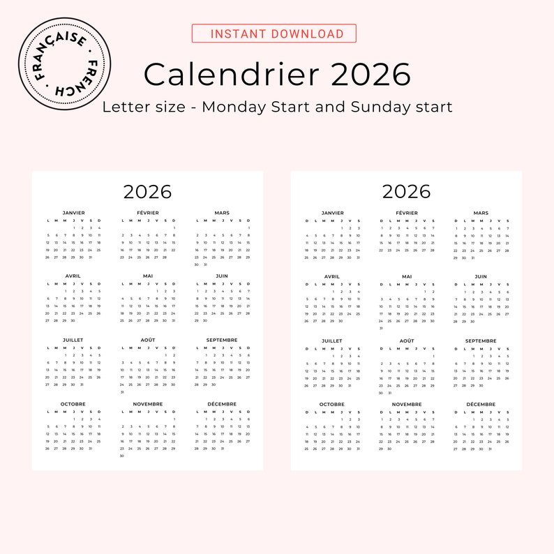 Calendrier 2026 Français 2026 Calendrier Annuel 2026 Imprimable Calendar in French 2026 PDF Yearly Calendar French PDF Vertical A3 A4 Letter