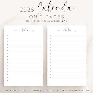 Planificador mensual 2025 Calendario 2025 Lista de tareas pendientes A5 Media carta Tamaño vertical Mes 2025 de un vistazo Elegante inserto de planificador imprimible Descargar