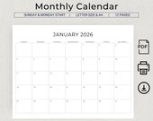 2026 Monthly Calendar PRINTABLE 2026 Monthly Planner Landscape 2026 Minimal Calendar A4 Letter Size Sunday & Monday Start PDF Download