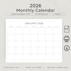 Calendario mensual 2026 imprimible, planificador mensual 2026 horizontal, calendario minimalista 2026, tamaño carta A4, inicio domingo y lunes, descarga PDF