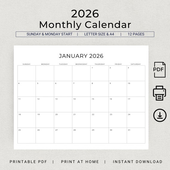 2026 monthly calendar printable 2026 monthly planner landscape 2026 minimal  calendar a4 letter size sunday u0026 monday start pdf download - etsy