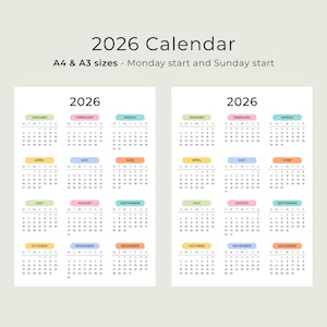 2026 Yearly Calendar 2026 Calendar Printable 2026 Wall Calendar Portrait A3 A4 US Letter Color Desk Planner 2026 PDF Sunday & Monday Start