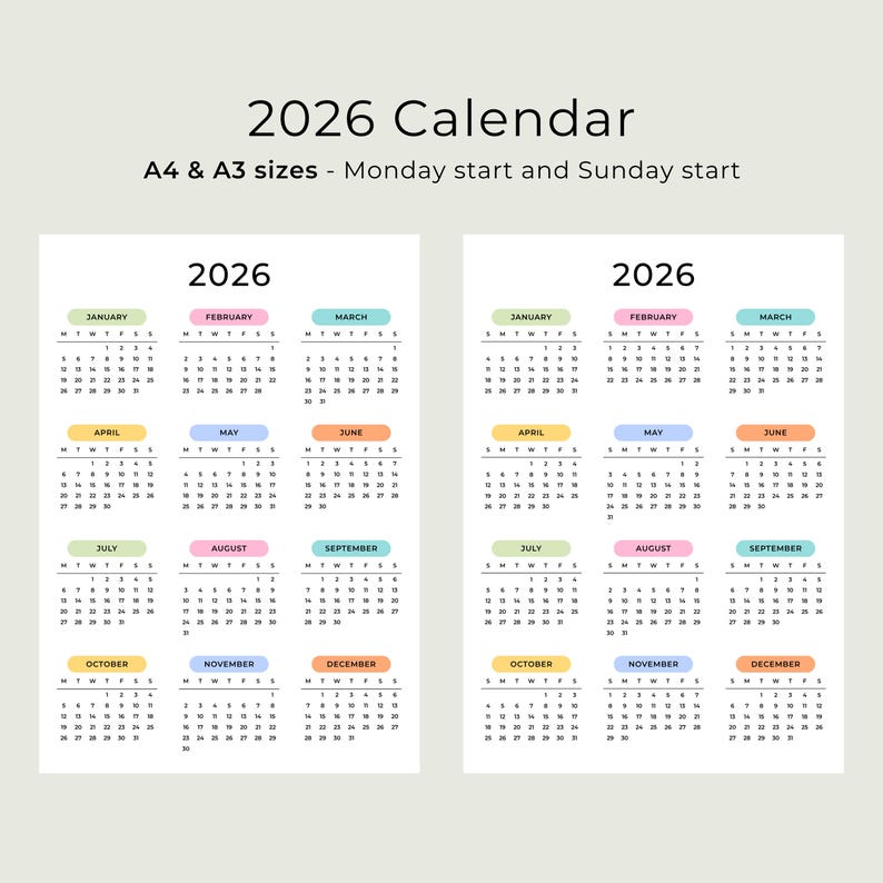 2026 Yearly Calendar 2026 Calendar Printable 2026 Wall Calendar Portrait A3 A4 US Letter Color Desk Planner 2026 PDF Sunday & Monday Start