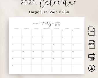 2026 Large Calendar 2026 Monthly Calendar Poster 24x18 inches Printable PDF Large Planner Landscape Sunday & Monday Start Wall Calendar XL