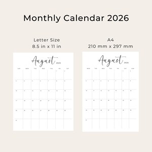 Printable 2026 Calendar 2026 Monthly Planner PDF Vertical Elegant Wall Calendar Sunday & Monday Start 2025 A4 Letter Size Desk Calendar 2026