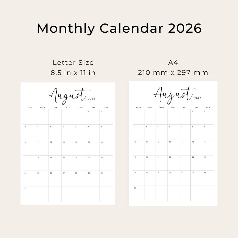 Printable 2026 Calendar 2026 Monthly Planner PDF Vertical Elegant Wall Calendar Sunday & Monday Start 2025 A4 Letter Size Desk Calendar 2026