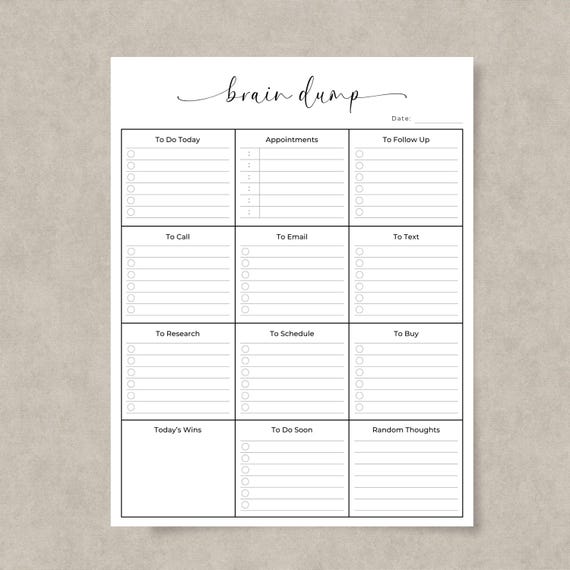 Brain Dump Daily Planner Printable PDF Productivity Planner Minimalist To Do List Organizer A4 Letter Size Elegant