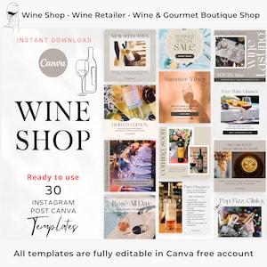 Può includere: Un collage di 30 modelli di post Instagram per un negozio di vini. I modelli presentano varie immagini di bottiglie di vino, bicchieri e altri articoli legati al vino. Il testo sui modelli include frasi come "Nuove uscite", "Sconti speciali estivi", "Edizione limitata", "Rosato tutto il giorno" e "Pop. Fizz. Clink".