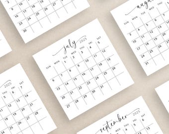 May include: A set of four printable calendar cards for July, August, September, and October of 2025. Each card features a simple, minimalist design with a black and white color scheme.