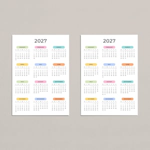 2027 Yearly Calendar 2027 Wall Calendar Printable 2027 Calendar Portrait A3 A4 US Letter Color Desk Planner 2027 PDF Sunday & Monday Start