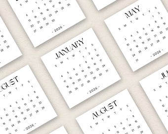 May include: A set of printable calendar cards for the year 2026. Each card features a month of the year with the days of the week labeled S, M, T, W, T, F, S. The cards are designed in a minimalist style with black text on a white background.