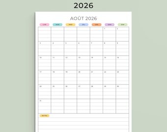Kalender 2026 2026 Franse kalender afdrukbare pdf 2026 maandplanner met lijnen zondag en maandag start A4 US Letter staand afdrukbare pdf