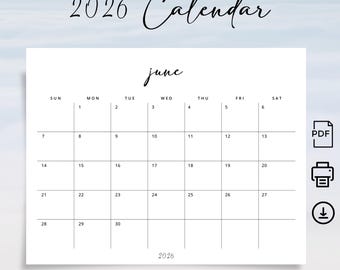 2026 Kalender 2026 Monatsplaner Landschaft Weich Minimalistisch Wandkalender 2026 Schreibtisch Agenda DRUCKBARE PDF A4 Buchstabe Sonntag und Montag Start