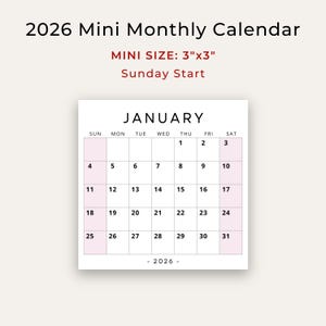 2026 Monthly Calendar 2026 Tiny Planner Printable PDF 3x3 Inch Box ...