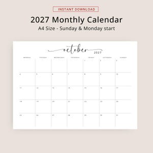 2027 Calendar 2027 Monthly Planner Landscape Elegant Wall Calendar Sunday & Monday Start 2027 A4 Letter Size Desk Planner Printable PDF