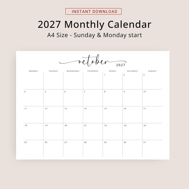 2027 Calendar 2027 Monthly Planner Landscape Elegant Wall Calendar Sunday & Monday Start 2027 A4 Letter Size Desk Planner Printable PDF