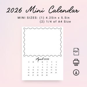 2026 Mini Calendar with Wavy Frame 2026 Desk Small Calendar 2026 DIY Calendar Cute Trendy PRINTABLE PDF Mini Planner Calendar Insert Artwork
