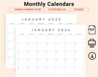 2024 & 2025 Monatskalender Querformat 2024 2025 Monatsplaner Sonntag Start Montag Start A4 Letter Size Minimal Home Printable Calendar