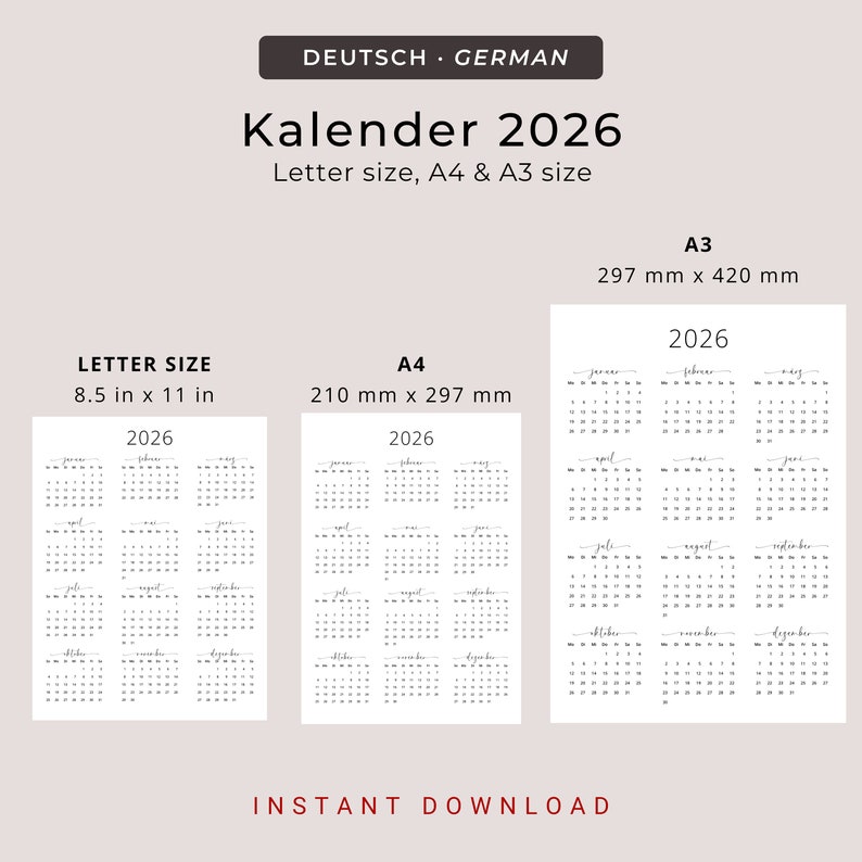Kalender 2026 Kalender Deutsch Kalender zum ausdrucken 2026 Deutschland in German 2026 Portrait PRINTABLE German Calendar 2026 Vertical PDF