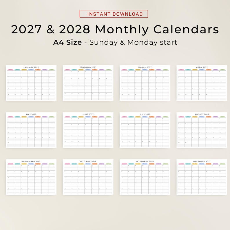 2027 2028 Monthly Calendar With Lines PRINTABLE PDF 2027-2028 Planner ...