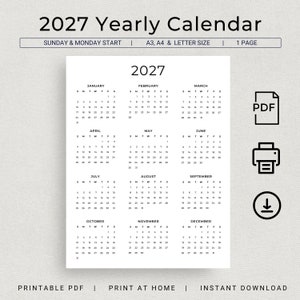 Calendario 2027 Calendario anual 2027 Calendario de pared 2027 imprimible Calendario del año 2027 de un vistazo Calendario minimalista A3 A4 Letra Inicio lunes y domingo