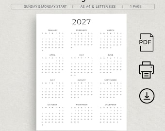 2027 Calendar 2027 Yearly Calendar Printable 2027 Wall Calendar 2027 Year at a Glance Minimalist Calendar A3 A4 Letter Monday & Sunday Start