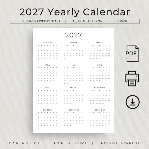 2027 Calendar 2027 Yearly Calendar Printable 2027 Wall Calendar 2027 Year at a Glance Minimalist Calendar A3 A4 Letter Monday & Sunday Start - Etsy Israel