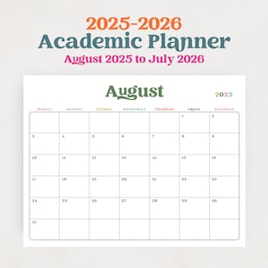 Planificador académico 2025-2026 Calendario escolar 2025-2026 Agosto 2025 a julio 2026 PDF IMPRIMIBLE Horizontal Colorido A3 A4 Carta Ledger 11x17