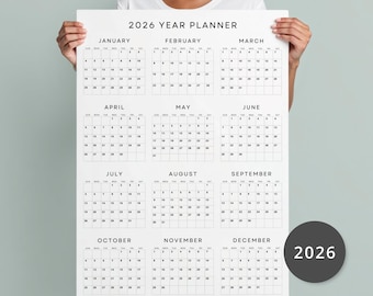 Large 2026 Minimalist Wall Planner 2026 Yearly Calendar Vertical Printable PDF Big Planner 11x17 18x24 24x36 A1 A2 A3 Monday & Sunday Start