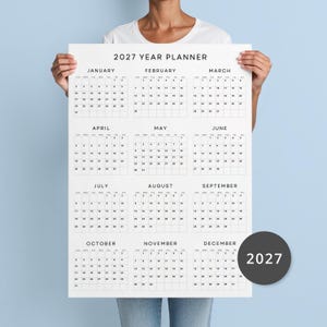 Stor minimalistisk väggplanerare 2027, årskalender 2027, vertikal, utskrivbar PDF, stor planerare 11x17, 18x24, 24x36, A1 A2 A3, måndag och söndag startar