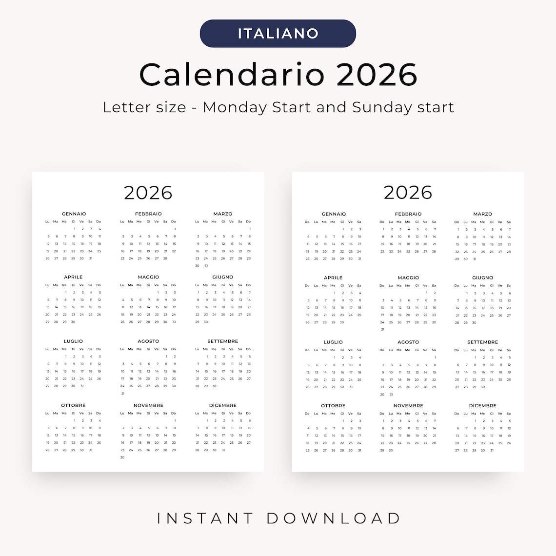 Calendario 2026 Calendario in Italiano 2026 Calendario Annuale 2026