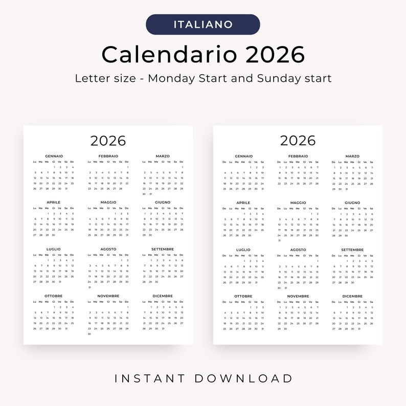 Calendario 2026 Calendario in Italiano 2026 Calendario Annuale 2026