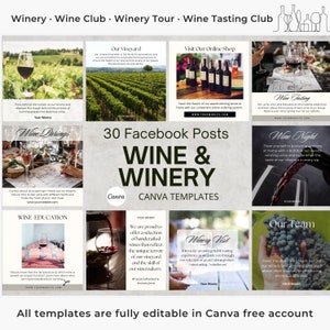 May include: A collage of nine colorful images promoting a winery. The images feature wine bottles, grapes, and people enjoying wine. The text on the images includes "Wine & Winery", "Wine Tasting", "Wine Night", "Our Vineyard", "Wine Pairings", "Wine Education", "Winery Visit", "Our Team", and "Visit Our Online Shop".