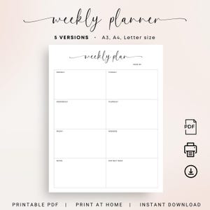 Planificador semanal minimalista, insertos de planificador imprimibles, calendario semanal vertical, semana elegante, de un vistazo, tamaño A3, tamaño A4, carta, descarga instantánea